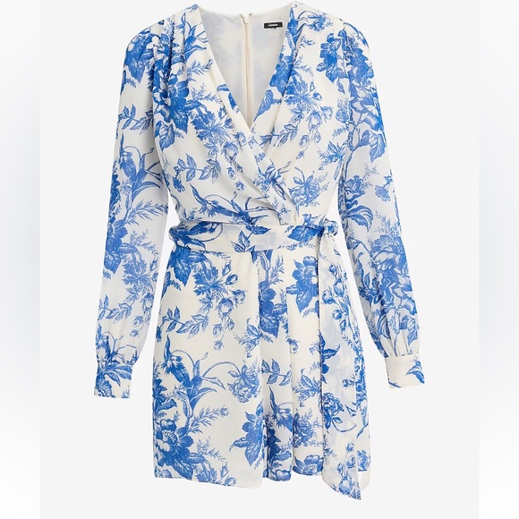 Express Floral V-neck Long Sleeve Tie Waist Surplice Romper - Picture 4 of 6